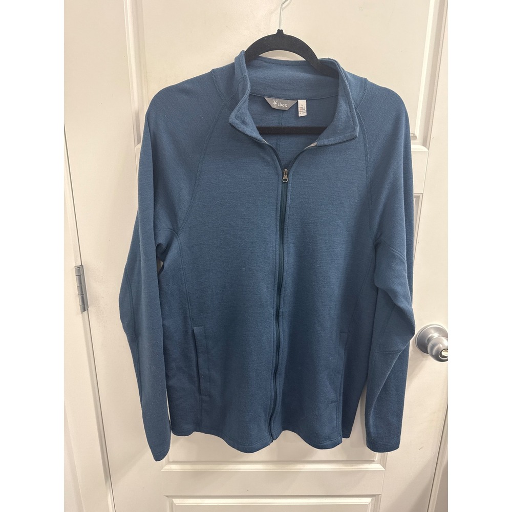 Ibex Mens Merino Wool Full Zip Jacket Blue Slate Mock Neck Mid Layer Made in USA